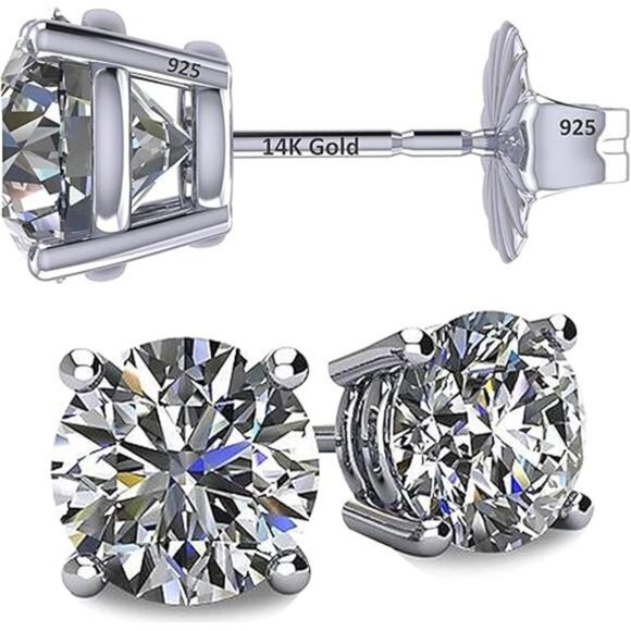 14K Solid Gold Post & Silver Simulated Diamond Stud Earrings-cubic zirconia - Picture 7 of 7